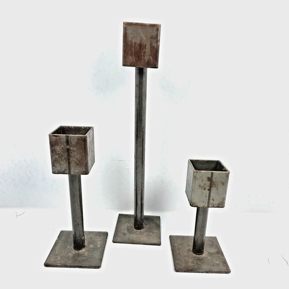 Vtg Candle Holders Set of 3 MCM Brutalist Iron Industrial Minimalist Plant Stand